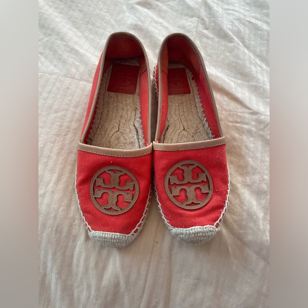 Tory Burch Tan and Orange Espadrille Flats with Jute Sole